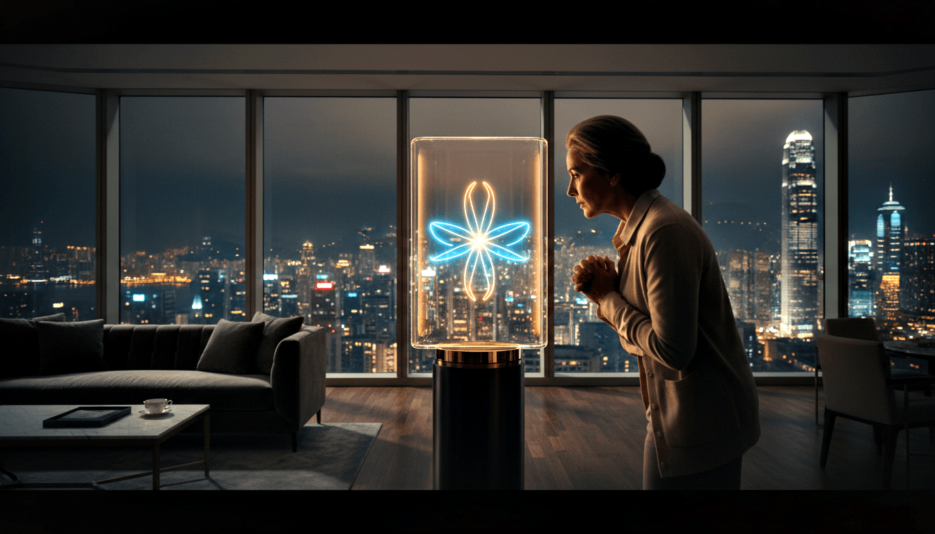 Woman in light blazer examines glowing amber-blue sculptural object in cylinder on black pedestal, nighttime cityscape behind.