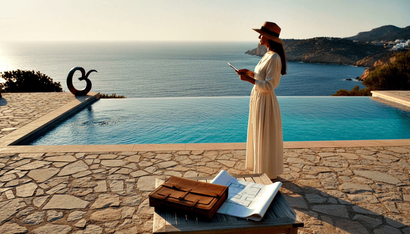 Woman in cream maxi dress and straw hat stands in profile by an infinity pool on a stone terrace, gazing at a coastal view.
