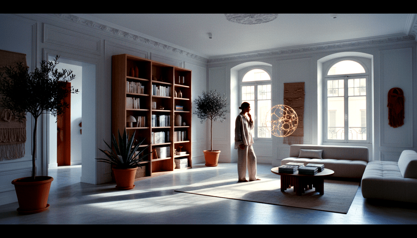 Woman with dark hair in wide-leg gray trousers stands beside a glowing geometric wire-frame spherical sculpture in a room with ornate molding.