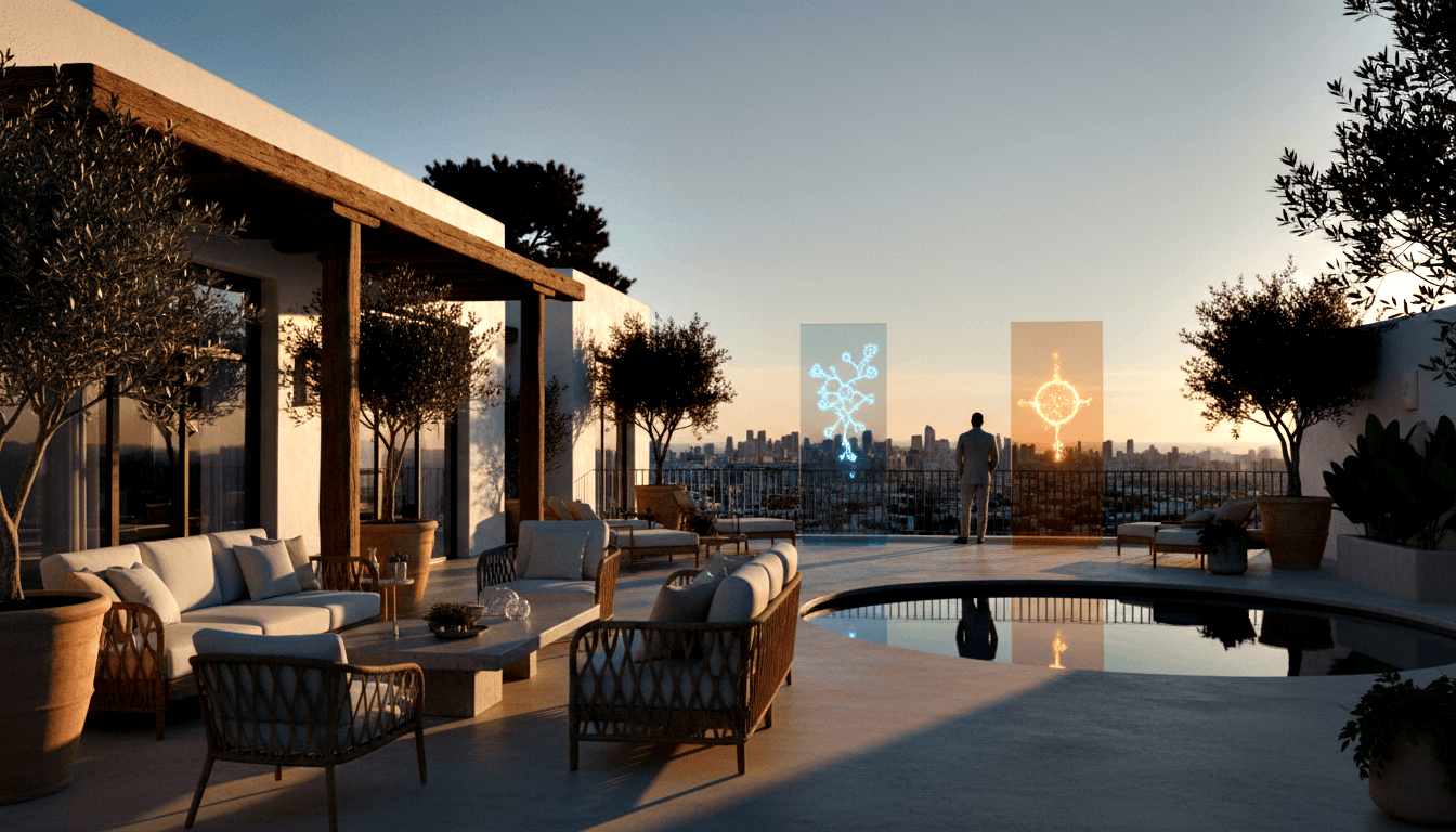 CGI rooftop terrace at sunset: man in gray suit stands at infinity pool edge facing city skyline with two glowing floating panels.