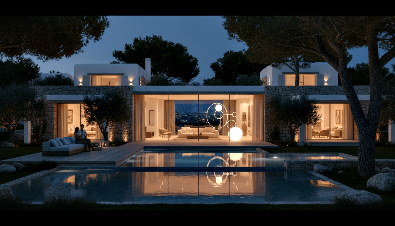White stucco and stone villa at twilight with rectangular pool reflecting amber light and floor-to-ceiling glass revealing lit interior.