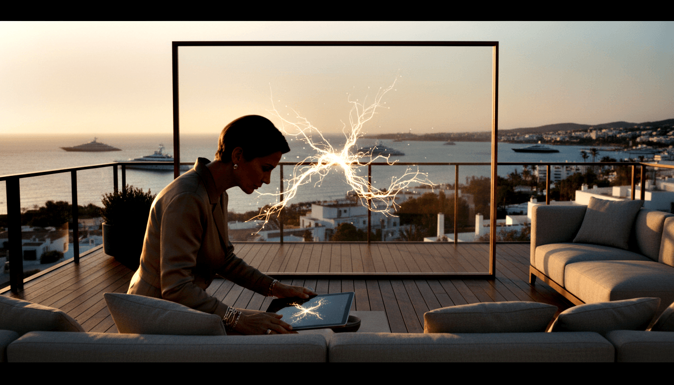 Middle-aged woman with short dark hair and tan jacket leans over a tablet on a gray outdoor sectional sofa on a wooden terrace.