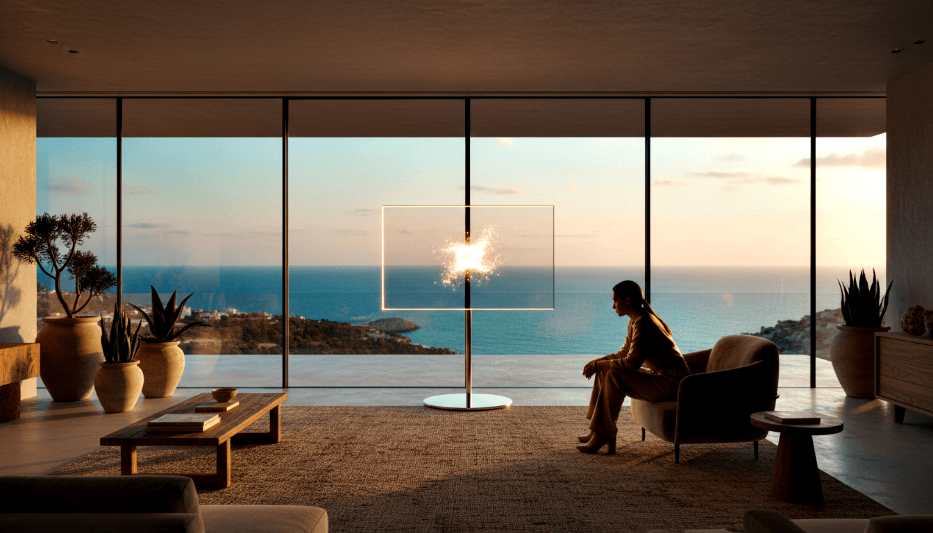 Woman in tan wide-leg trousers sits cross-legged in armchair facing a transparent display on a metallic stand, ocean sunset through glass walls.