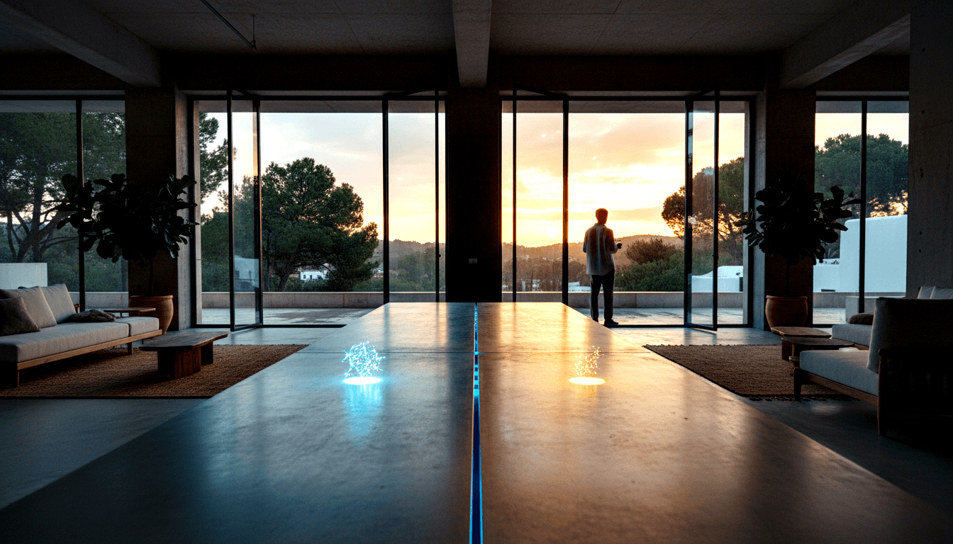 Silhouetted figure holding a cup near floor-to-ceiling glass walls at dusk, flanked by glowing particle formations and potted trees.