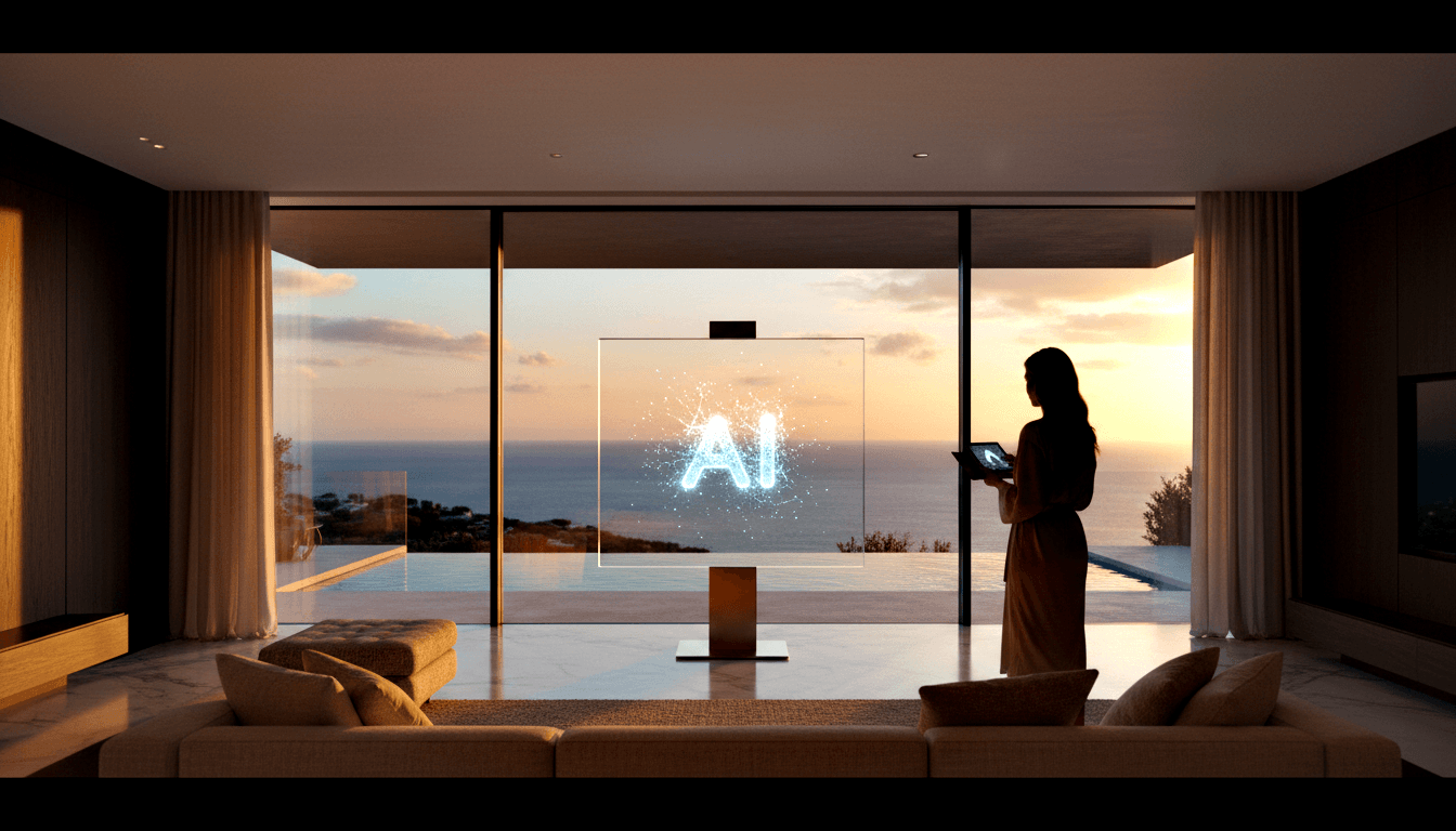 CGI modern living room, glass doors open to infinity pool and ocean at sunset; holographic cyan 'AI' panel, woman holding tablet.