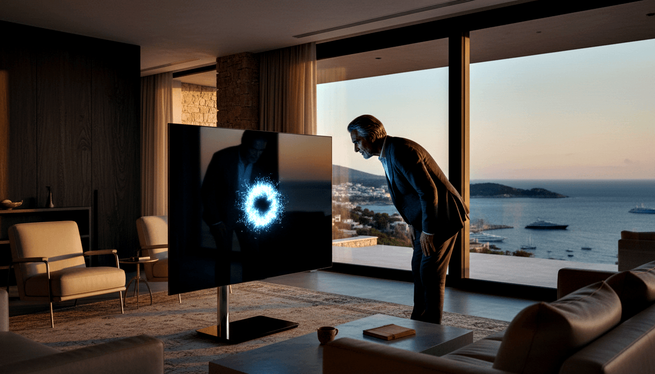 Silver-haired man in dark blazer leans forward studying a flatscreen with a glowing blue ring; coastal bay at dusk behind him.