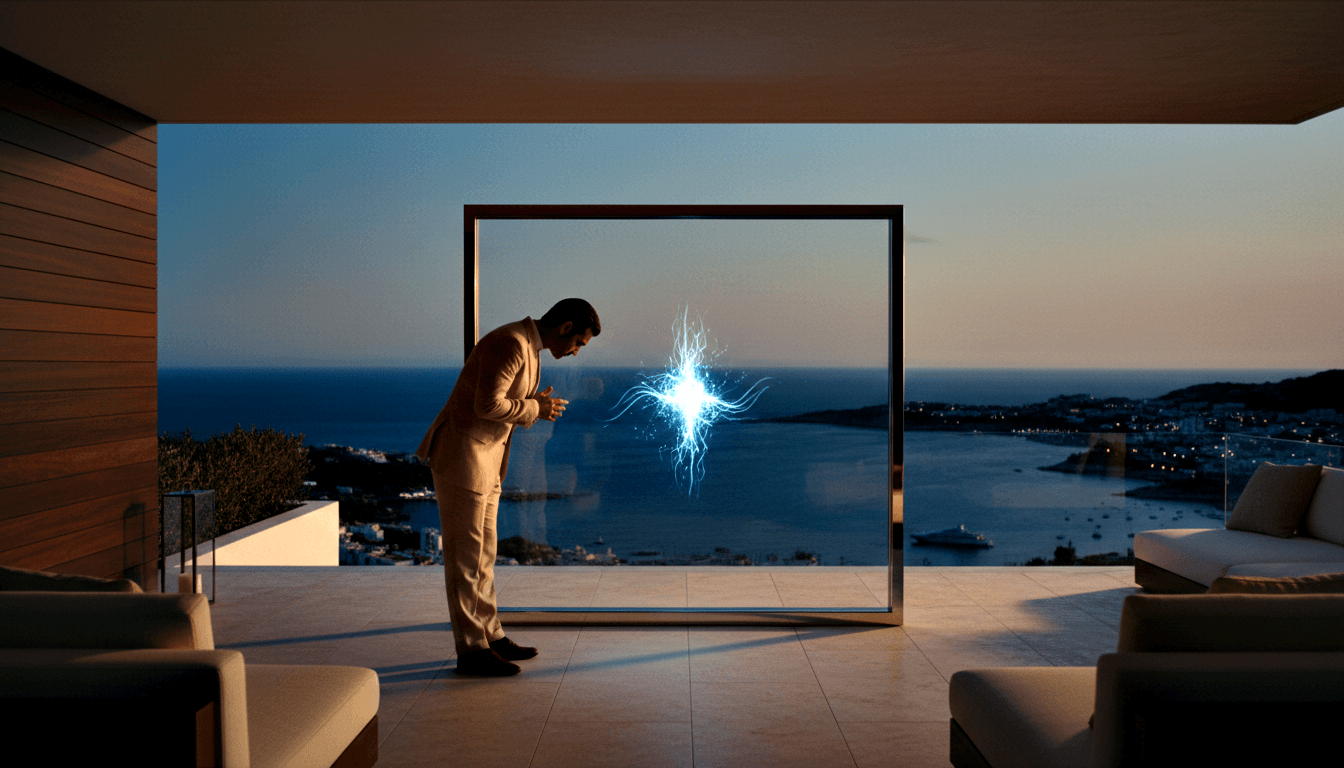 Man in beige suit leans toward a glowing white-blue energy burst with lightning tendrils inside a large metal-framed glass panel.