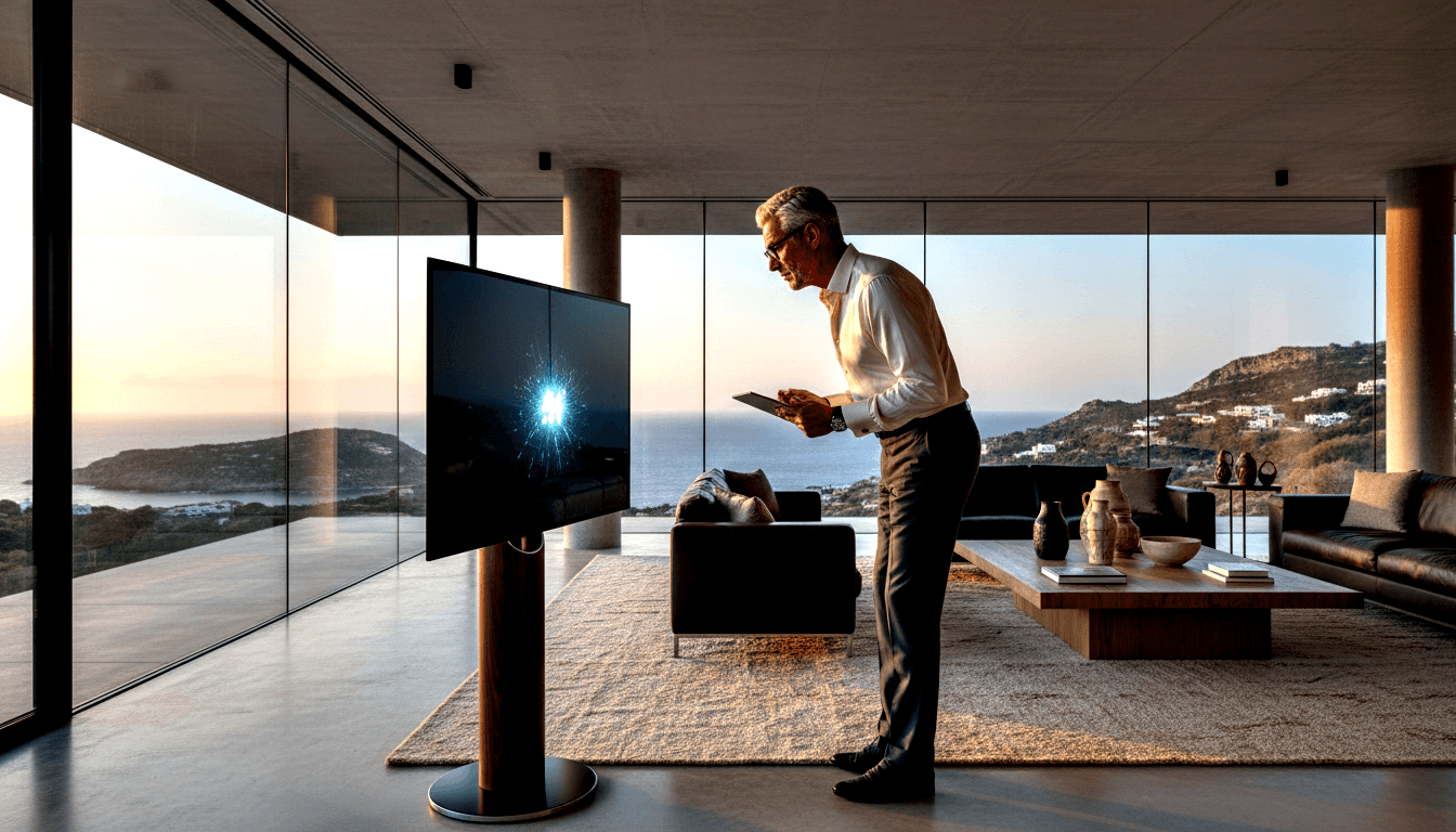 Gray-haired man with glasses holds tablet toward large flatscreen TV in modern room with floor-to-ceiling coastal views at dusk.