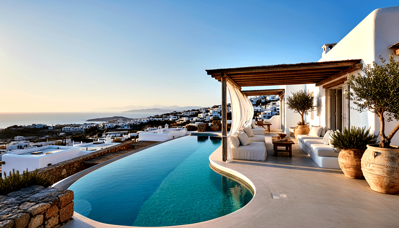Hillside villa terrace with turquoise infinity pool overlooking coastal town, and wooden pergola sheltering white sofas and olive trees.