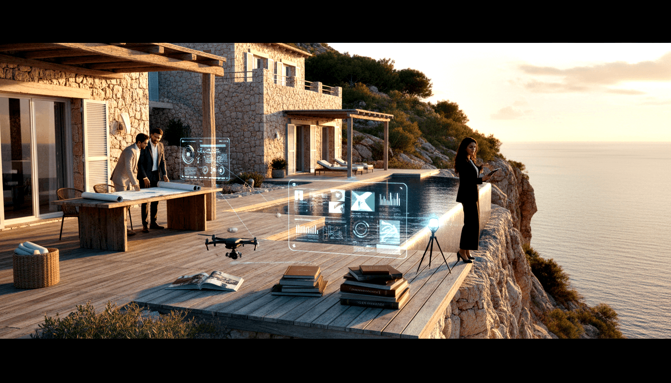CGI cinematic: two suited men review blueprints on rocky cliff terrace; woman holds tablet near infinity pool at golden hour.