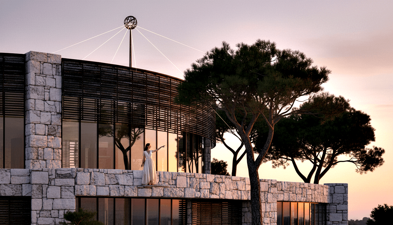 Terrace at dusk: stone parapet, curved metal louvers, amber-lit glass, tall mast with geodesic sphere, woman in white dress.