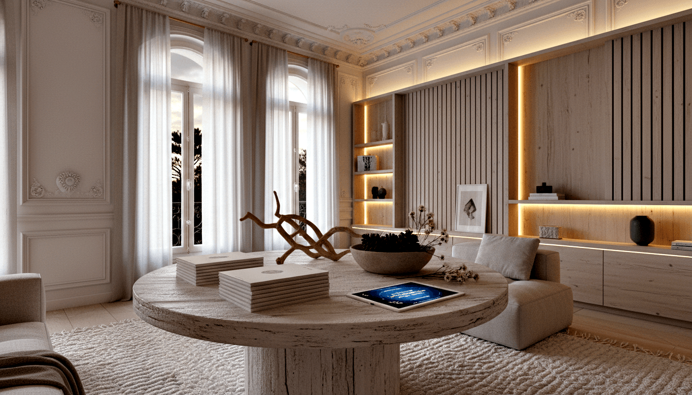 3D living room render: stone pedestal coffee table, low sofa, wood slat wall with amber LEDs, arched French windows.