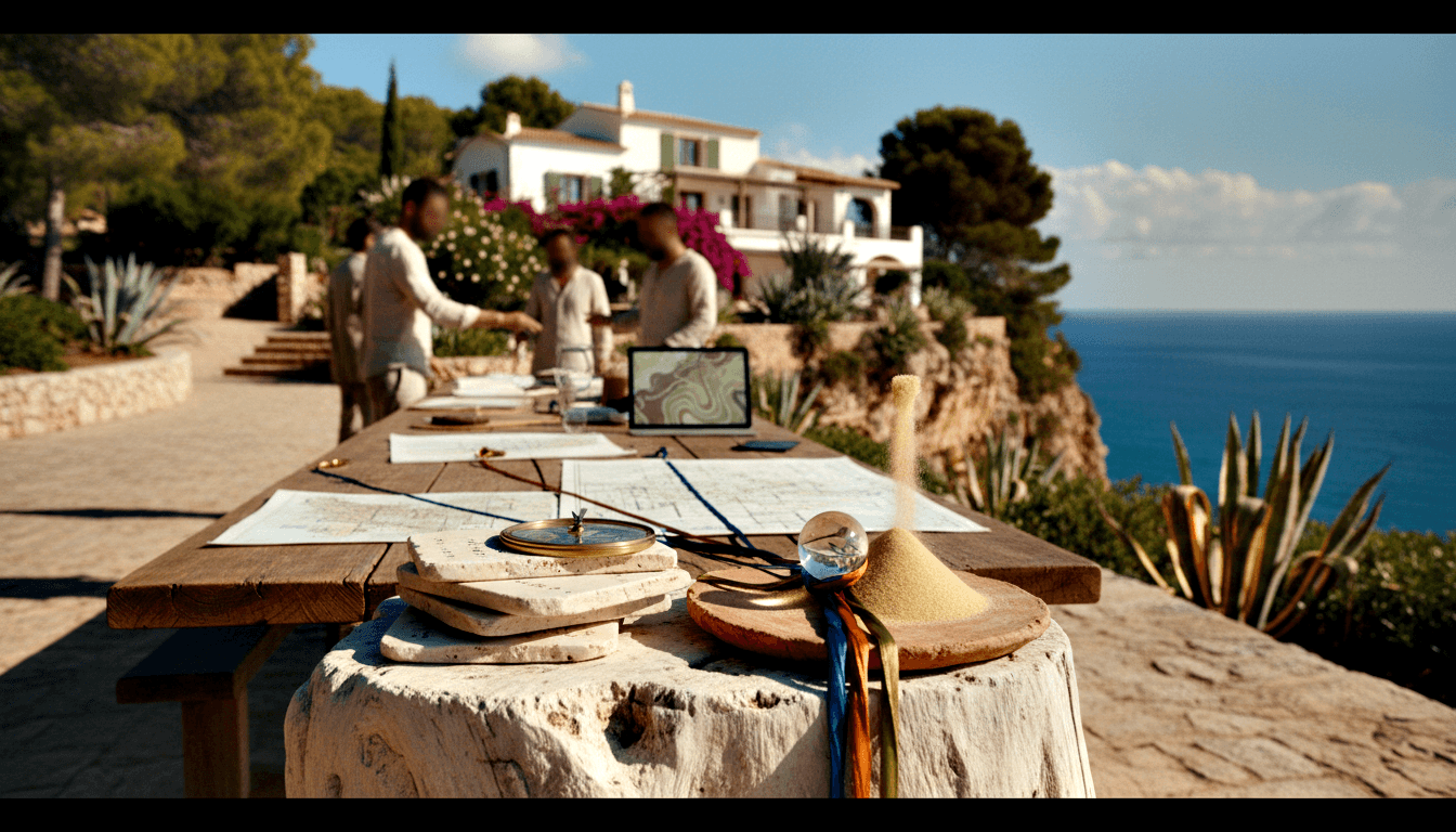 Rustic table with maps, brass compass, crystal sphere, sand cone, and laptop; two people examine documents on sunlit terrace.