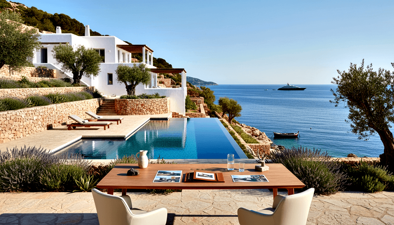 Whitewashed stucco villa with infinity pool merging into turquoise sea, wooden dining table with photos and documents in foreground.