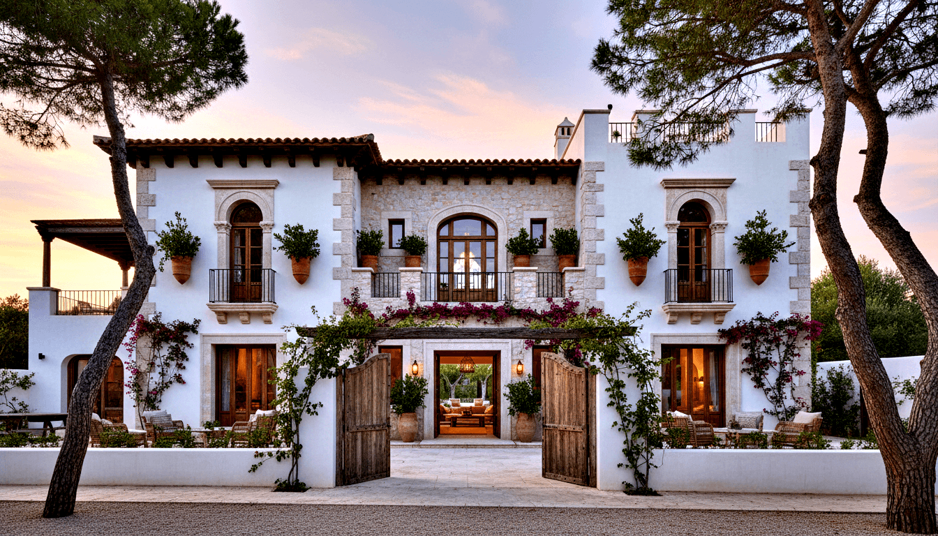 Symmetrical two-story white stucco villa with stone corners, terracotta roof, bougainvillea, and glowing lanterns at dusk.