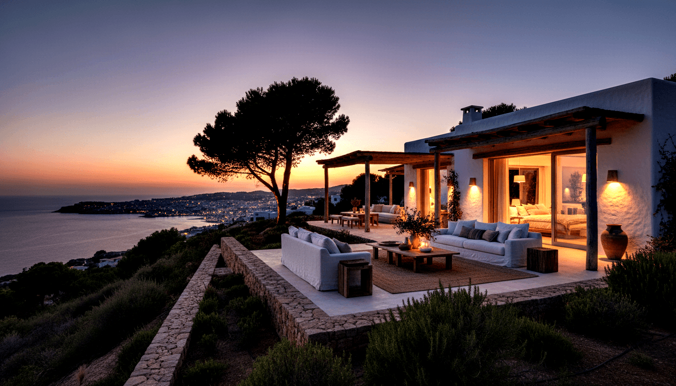 Whitewashed villa terrace with outdoor sofas, wooden pergola, and lantern at civil twilight over a coastal bay with city lights.