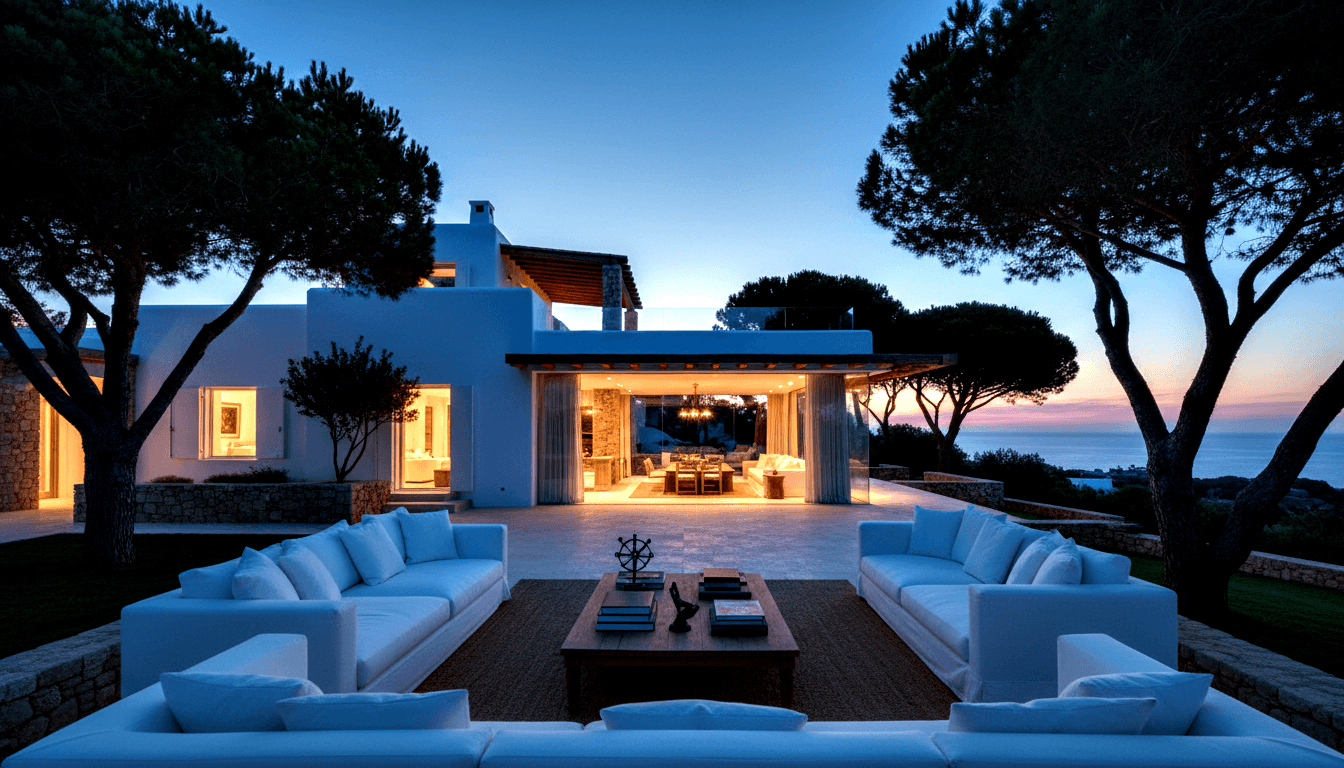 Villa terrace at twilight with two white sectional sofas, wooden coffee table with books and ship's wheel, coral-pink sunset over water at right.