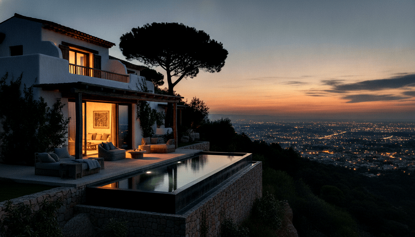 Two-story white stucco villa with terracotta roof at dusk, lit infinity pool overlooking a golden cityscape under orange-to-blue twilight.