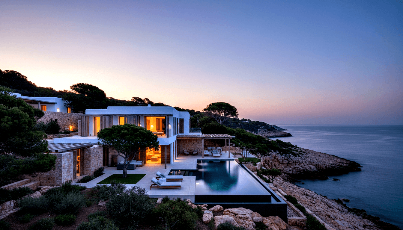 White stucco and stone villa on a rocky coastal cliff at twilight, infinity pool with dark teal water, warm amber light through open glass doors.
