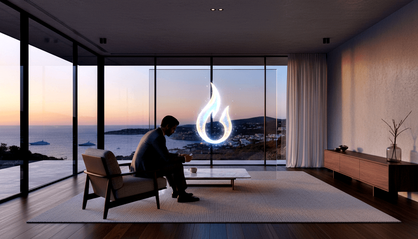 Man in dark suit sits in armchair viewing handheld device; glowing holographic flame floats before coastal dusk panoramic windows.