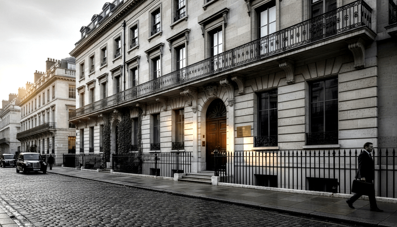 Neoclassical stone building with ornate iron balconies, ivy, and arched double door; three figures and two black taxicabs on cobblestone street.