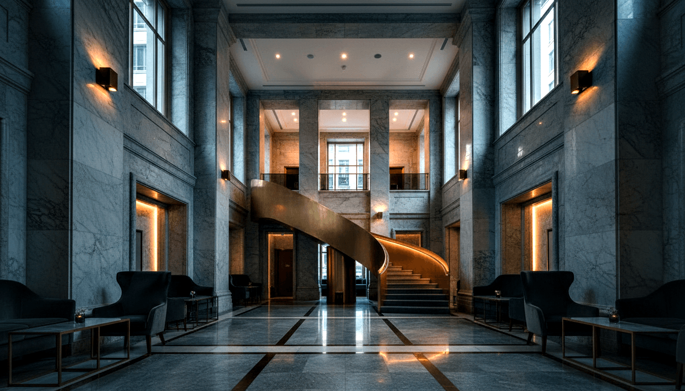 Grand lobby with curved brass spiral staircase, amber LED underlighting, velvet wingback chairs, blue-grey marble walls, soaring ceilings.