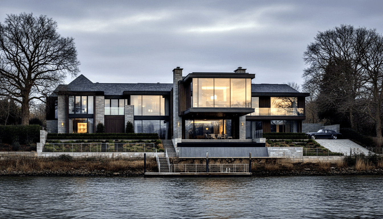 Two-storey waterfront home with stone cladding, dark timber panels, and floor-to-ceiling glazing, lit from within at dusk, viewed from water.