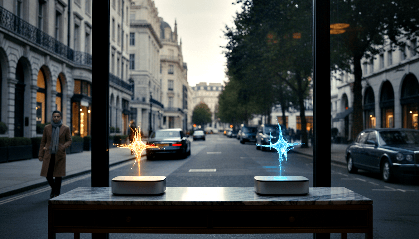 Two white devices on wood counter, orange and blue glowing sparks, seen through floor-to-ceiling glass onto tree-lined boulevard.