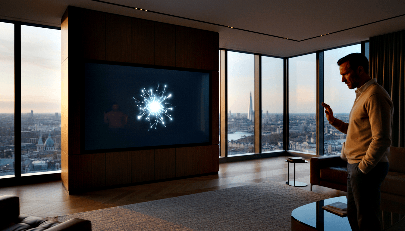 Man in cream sweater gestures at large wall-mounted TV showing network graphic, beside floor-to-ceiling windows with dusk cityscape.