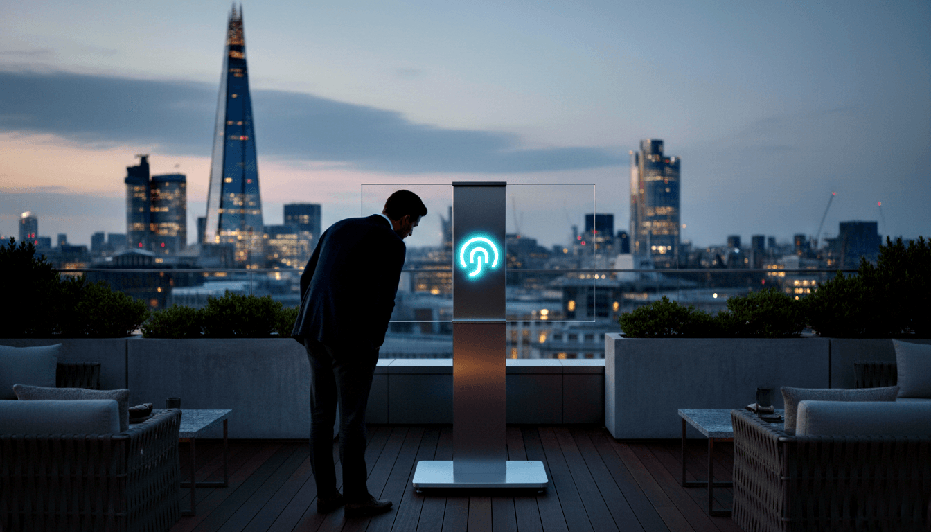 Dark-suited silhouette leans toward a glowing cyan fingerprint kiosk on a wooden rooftop deck with glass railings at dusk.
