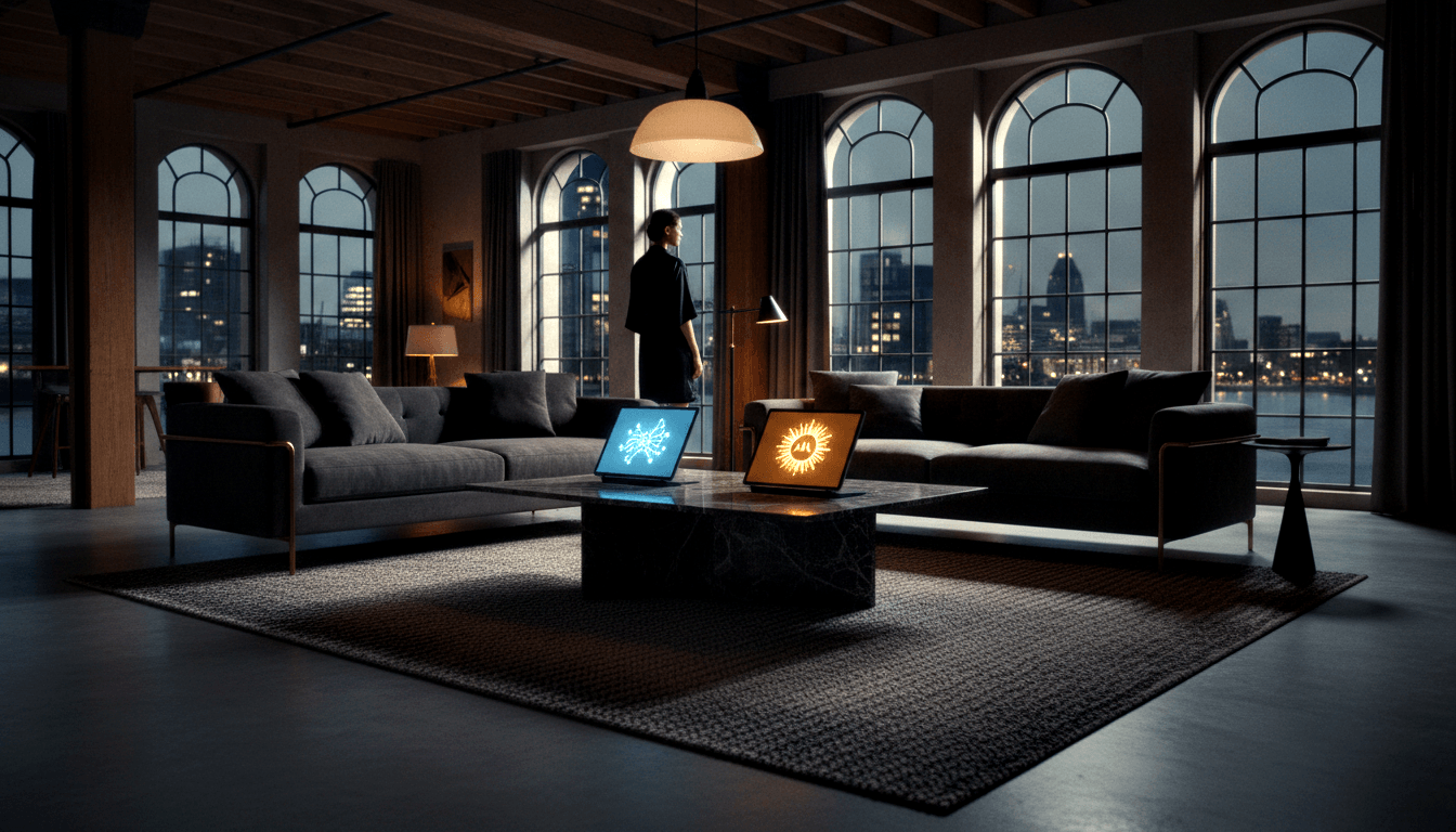 CGI loft at night: laptops showing blue snowflake and amber sunburst on stone table; silhouette faces arched windows with waterfront skyline.