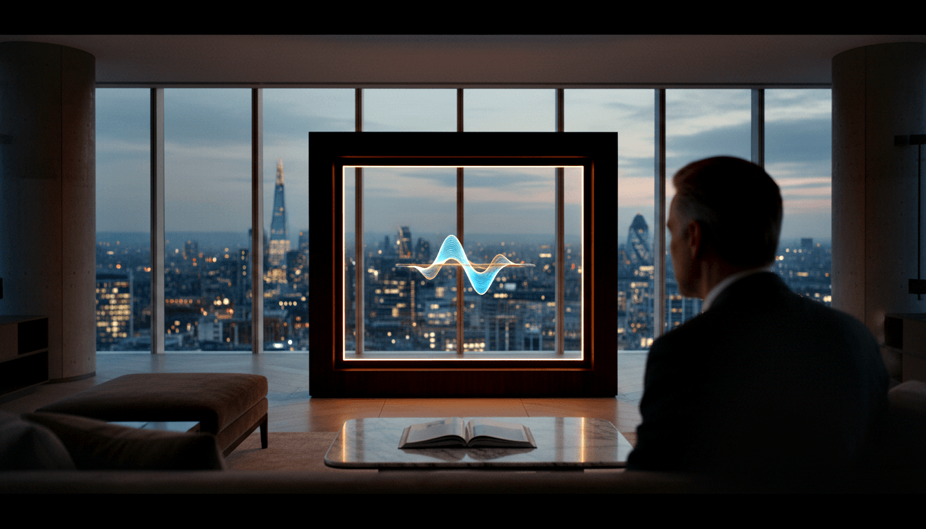 Man in dark suit seen from behind faces large amber-edged display with cyan waveform; nighttime cityscape visible beyond.