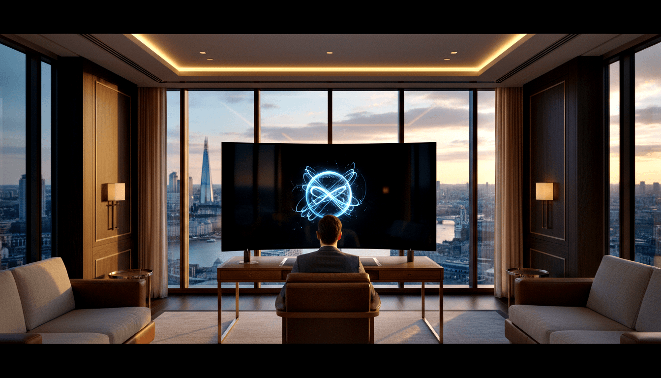 Person in dark jacket sits back-to-camera facing large TV showing glowing blue infinity symbol, framed by cinematic letterboxing.