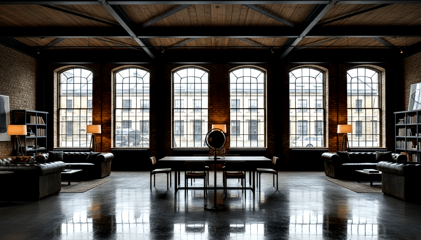 Converted industrial interior: brick walls, beam ceiling, arched steel windows, central table with globe, Chesterfield sofas, bookshelves.