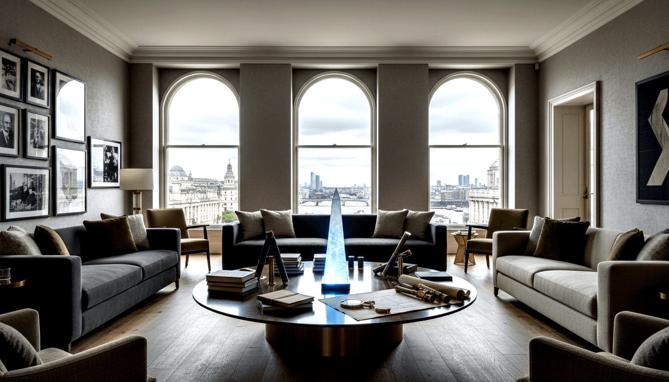 Lounge with round dark-wood table holding books, maps, telescope, and glowing blue obelisk; arched windows reveal classical cityscape.