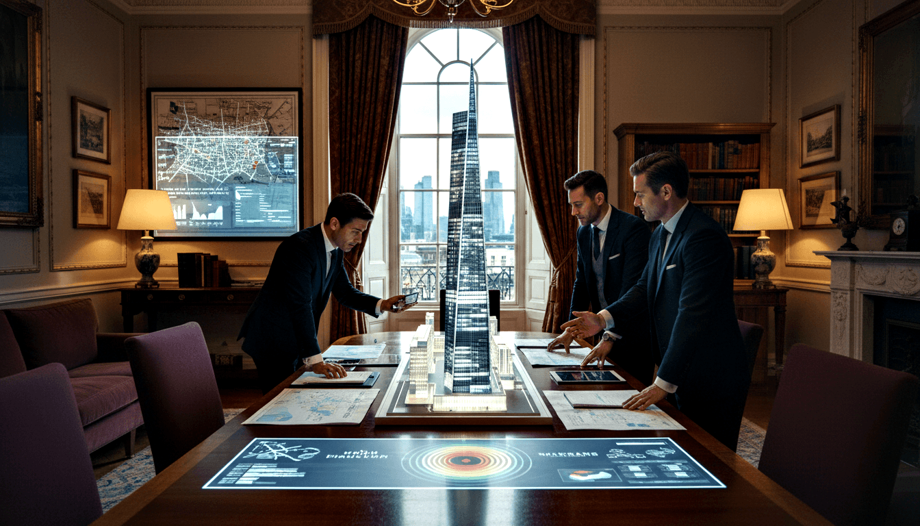 Three suited men lean over a conference table holding a glass skyscraper model, with teal and orange heat map rings glowing on the table surface.