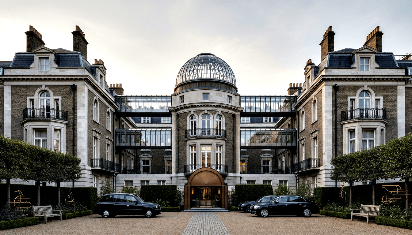 Classical brick building with stone trim, central glass dome, wrought iron balconies, bronze entrance canopy, cobblestone forecourt.