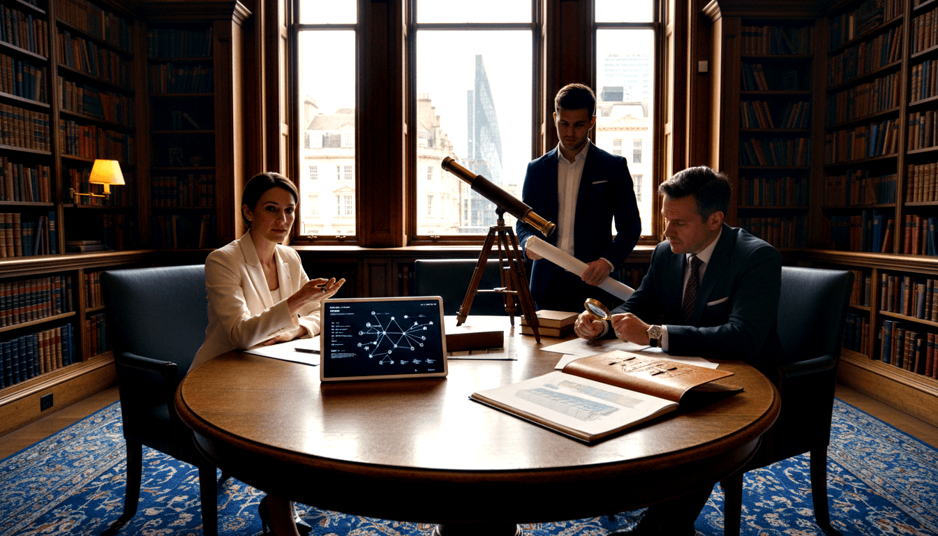 3 people in wood-paneled library: woman in white blazer gesturing, older man with magnifying glass, younger man holding rolled document.