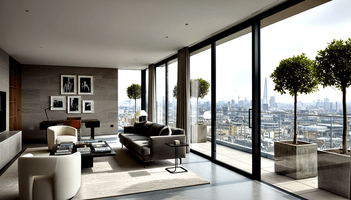 High-floor living room with floor-to-ceiling glass walls, charcoal sectional sofa, cream curved armchairs, and overcast city skyline views.