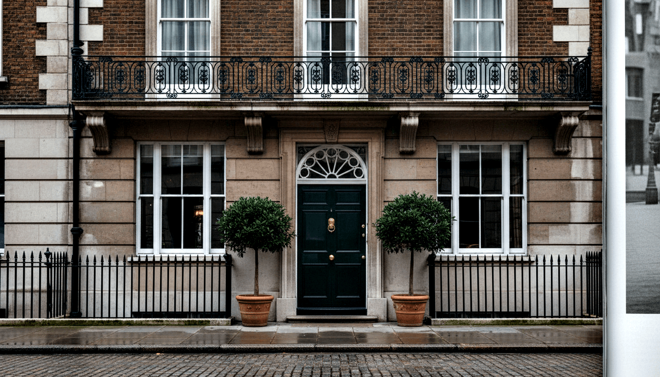 Brick townhouse with dark green double door, brass lion-head knocker, semicircular fanlight, and two ball topiary trees in terracotta pots.