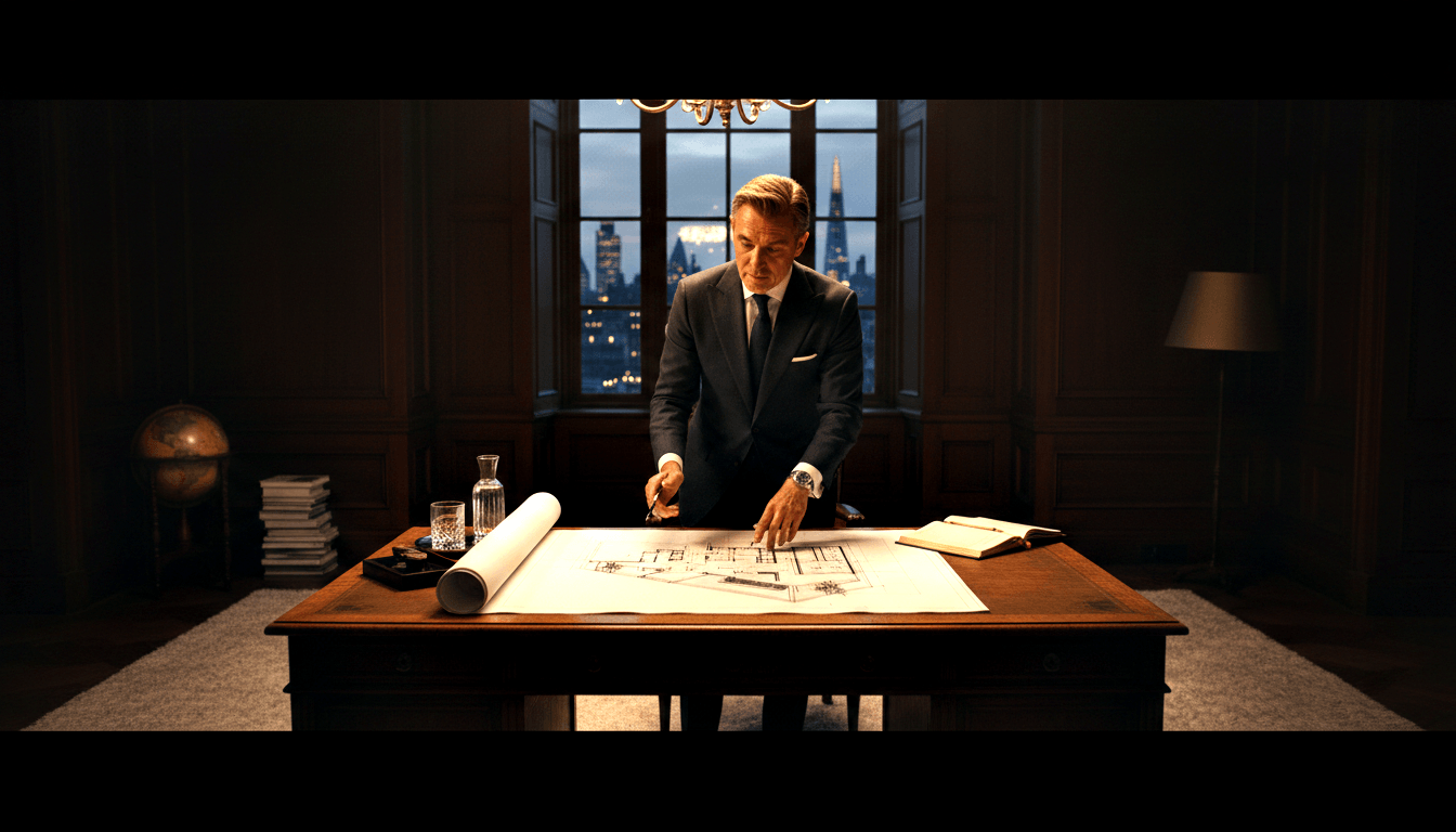Silver-haired man in charcoal suit leans over desk pointing at blueprints in dark wood-paneled office at night.
