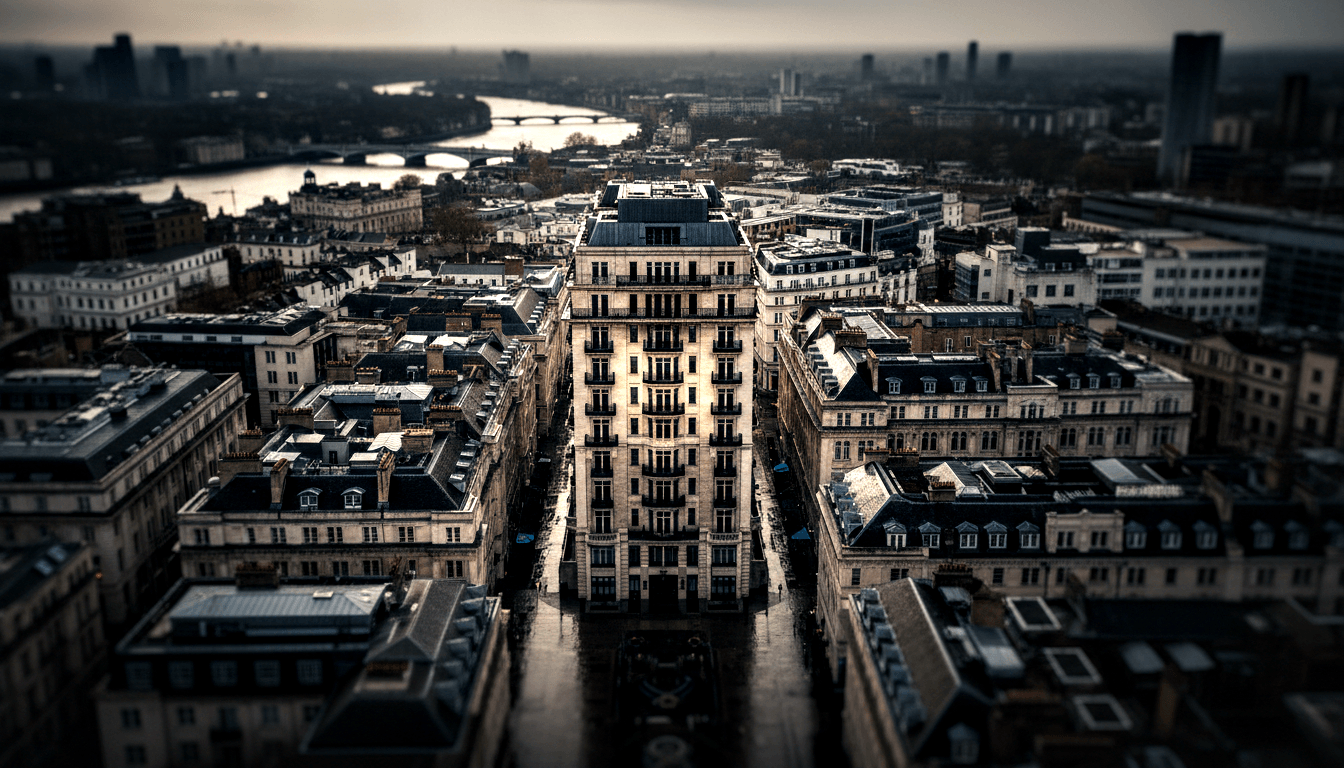 Aerial tilt-shift view of ornate multi-story building with mansard roofs amid dense classical cityscape; distant river with bridges.
