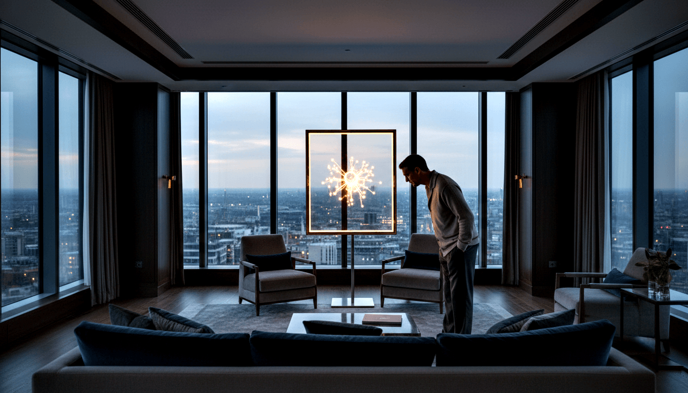 Man in grey sweater and dark trousers leans forward inspecting a framed glowing starburst sculpture on a metal stand emitting warm golden light.