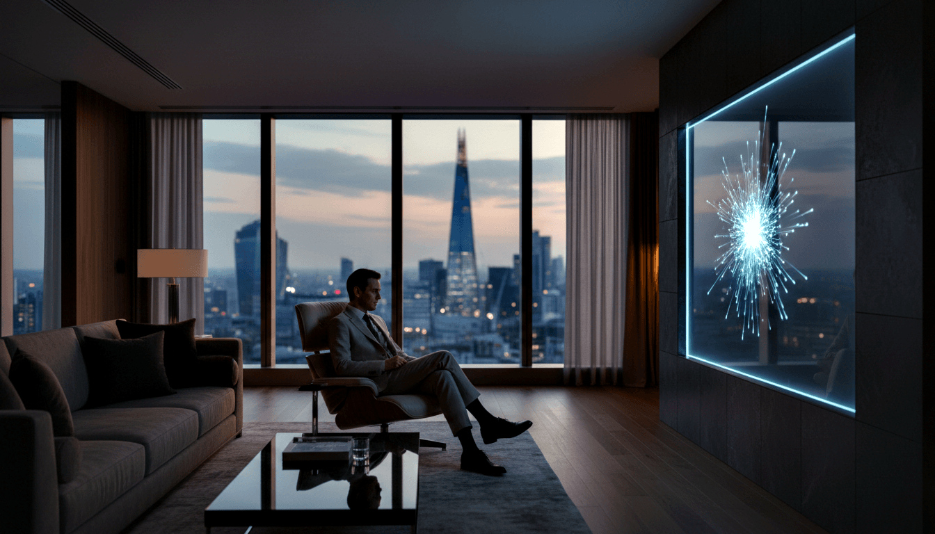 Man in gray suit sits cross-legged in leather chair gazing at a cyan-blue starburst wall panel in a dark room with dusk skyline windows.