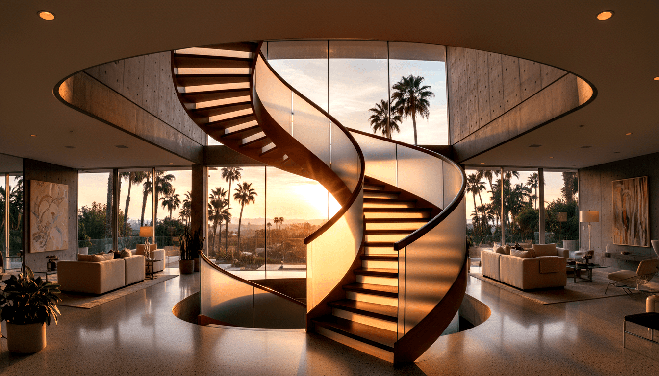 Helical staircase, walnut treads, glass spine, golden backlight; mirrored lounges with cream sofas, rugs, art; palm and peach sky beyond.