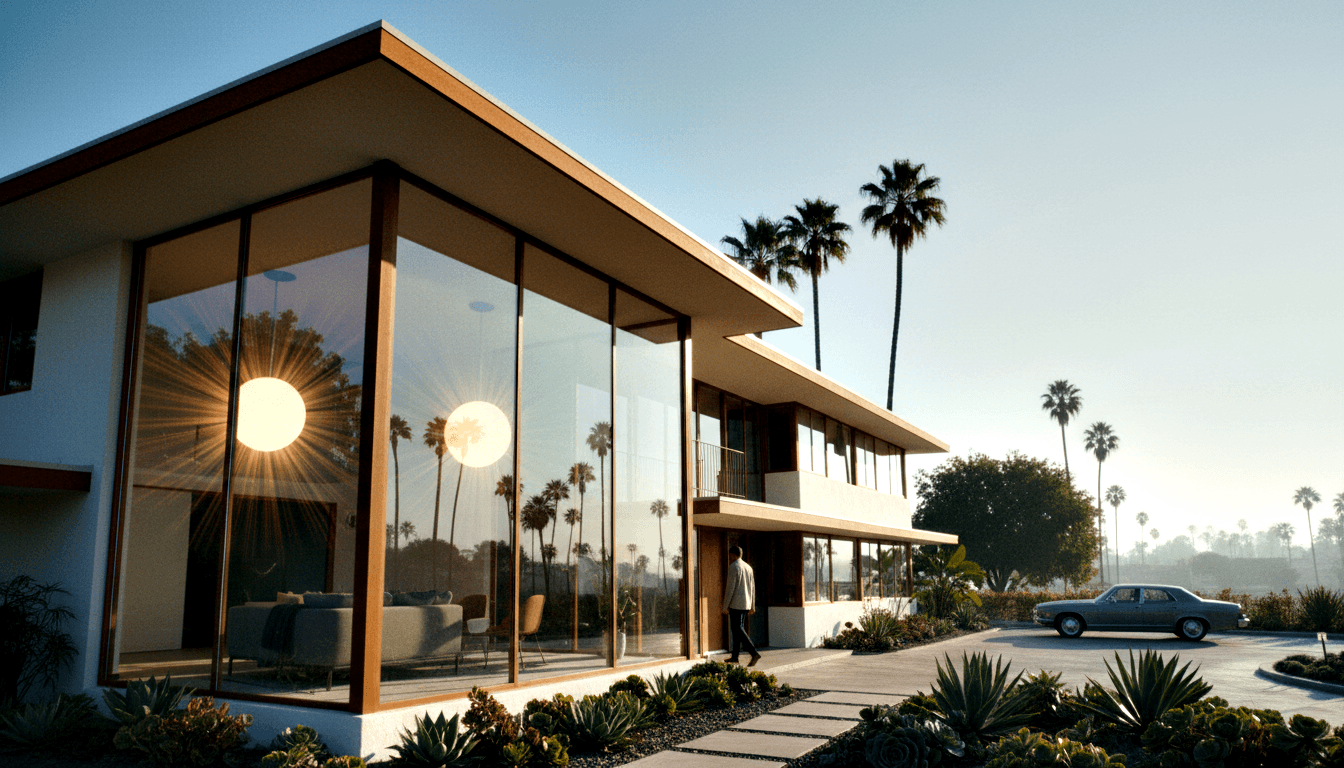 Mid-century modern two-story home with glass walls, flat roof, desert plants, vintage dark blue-gray sedan in driveway.