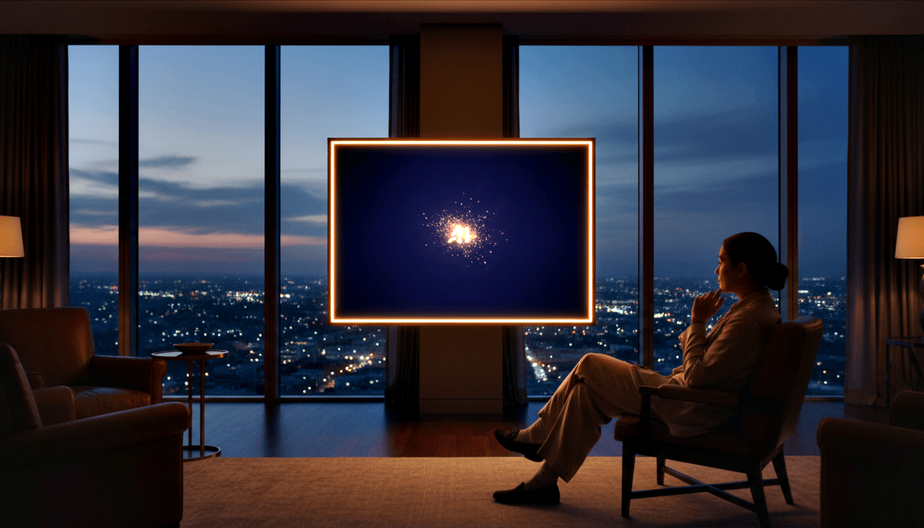 Woman sitting cross-legged in armchair, chin on hand, gazing at a large display with amber-orange border showing a particle burst.