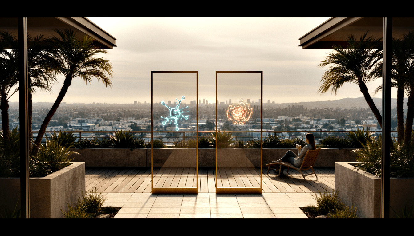 CGI rooftop terrace with two gold-framed hologram panels showing cyan network and amber orb; dark-haired woman in recliner holds a cup.