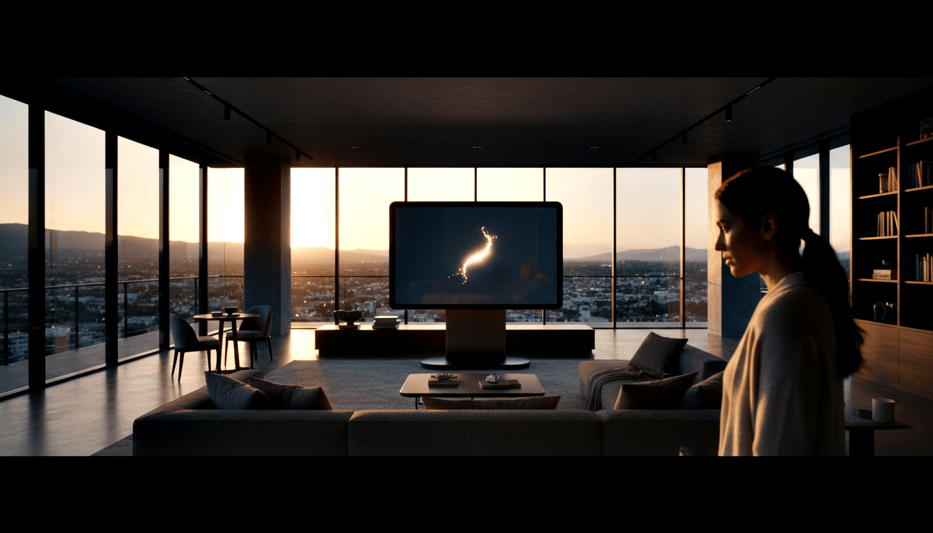 High-floor apartment interior at dusk with floor-to-ceiling windows, cityscape, mountains, and a silhouetted figure in a cream top.