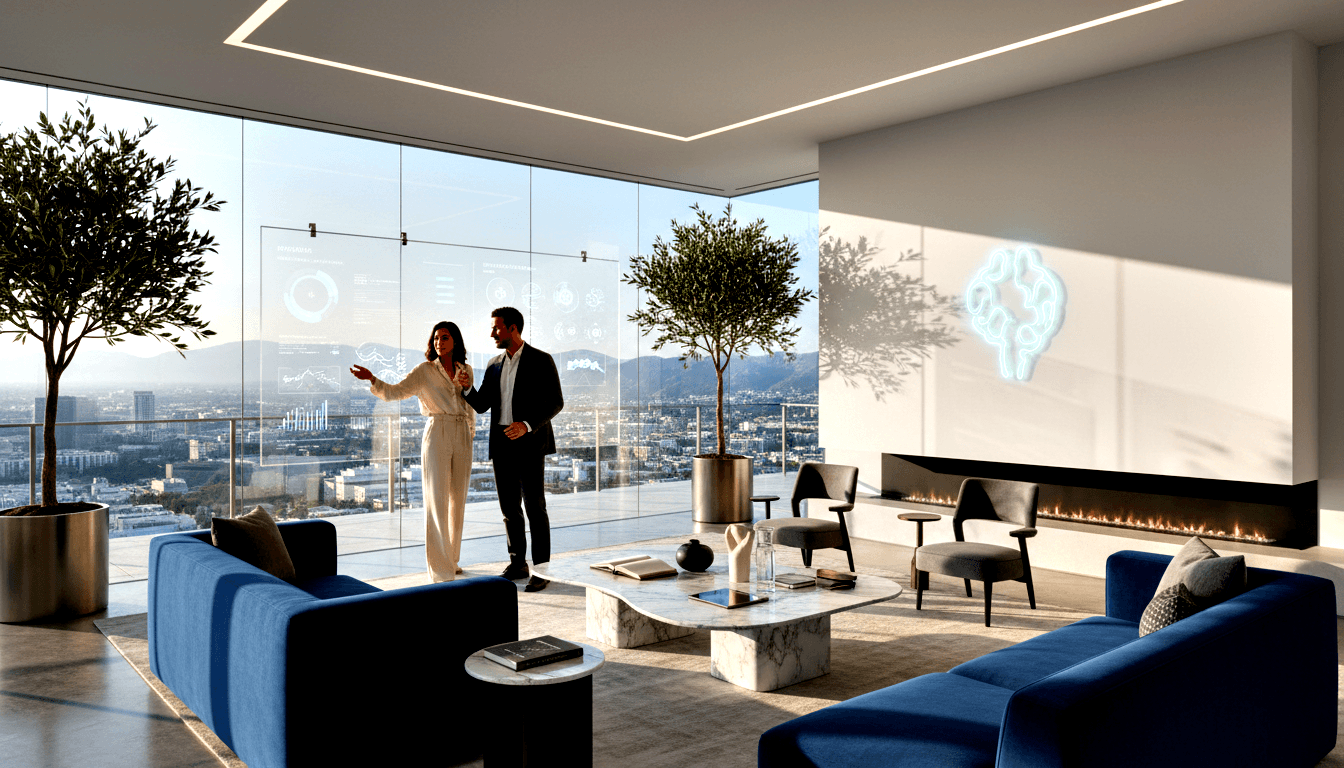Woman in white wide-leg trousers gestures toward man in dark navy suit in a CGI room with blue velvet sofas and teal holographic displays.